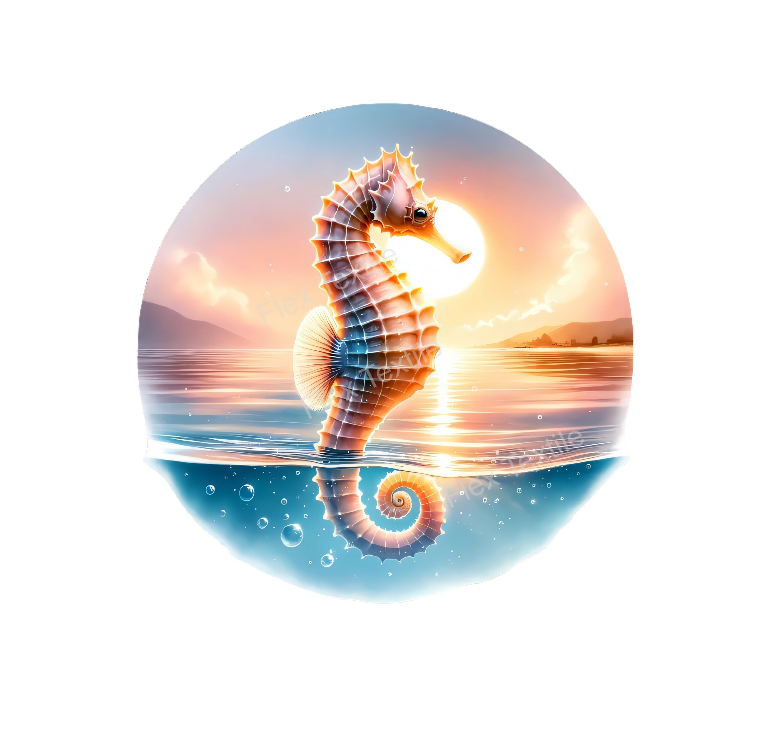 hippocampe mer couché soleil transfert thermocollant impression dtf flex textile