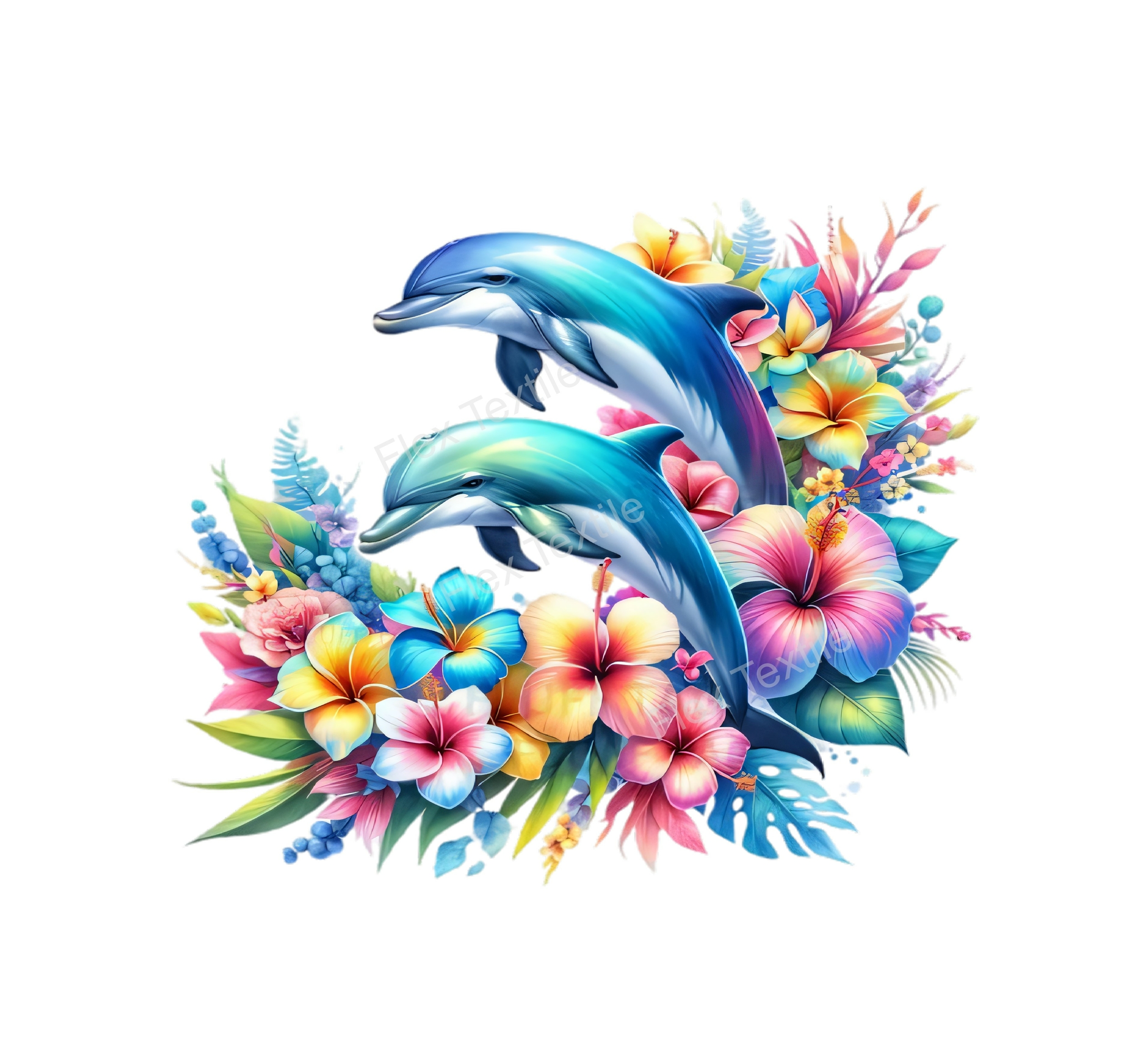 deux dauphins fleurs transfert thermocollant impression dtf flex textile