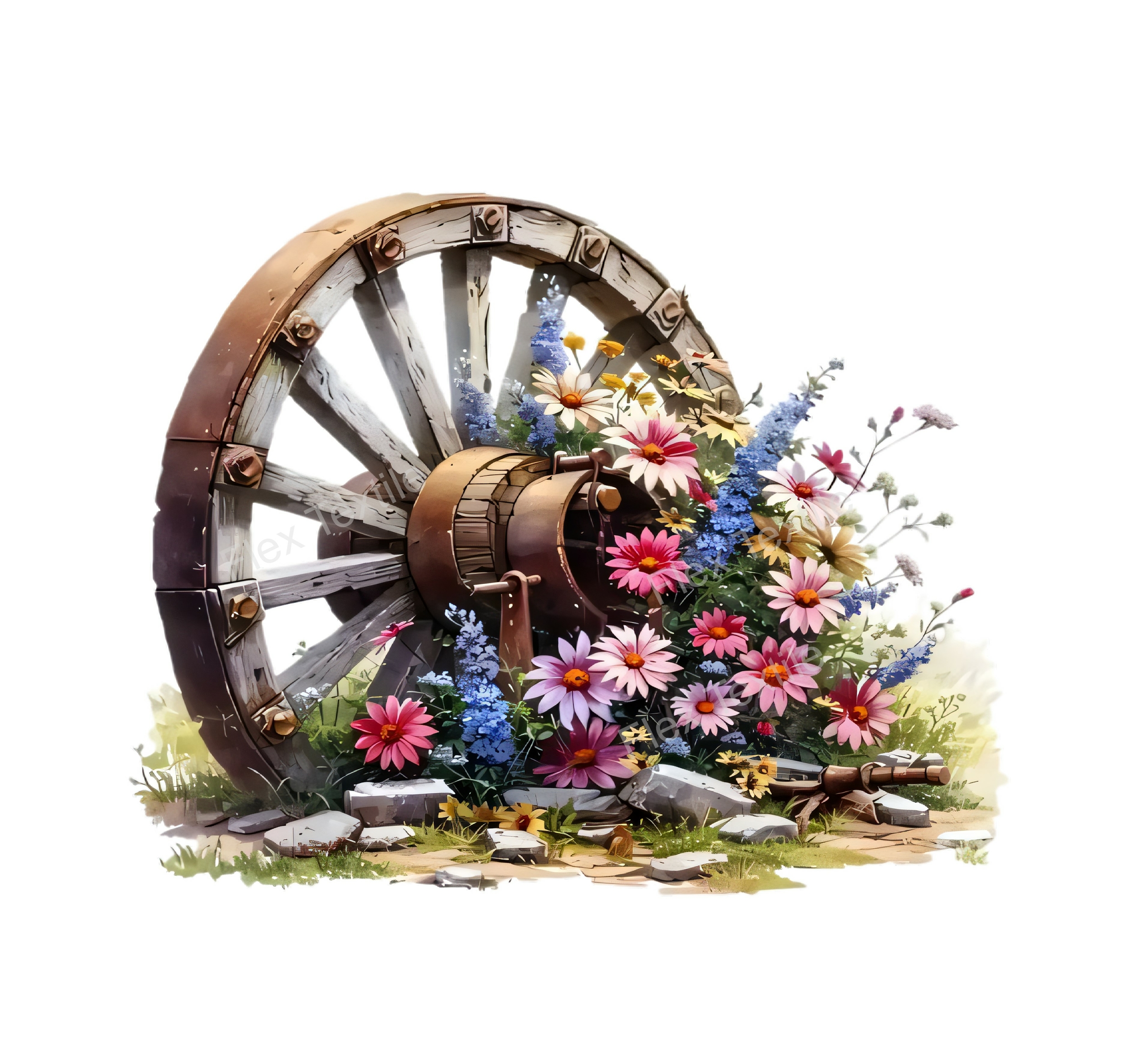 roue charrette fleurs transfert thermocollant impression dtf flex textile