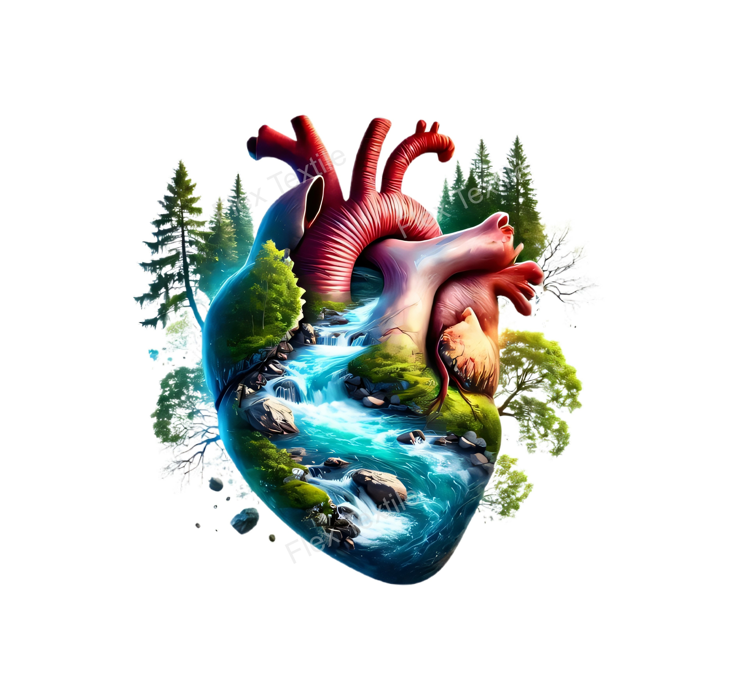 coeur rivière nature transfert thermocollant impression dtf flex textile