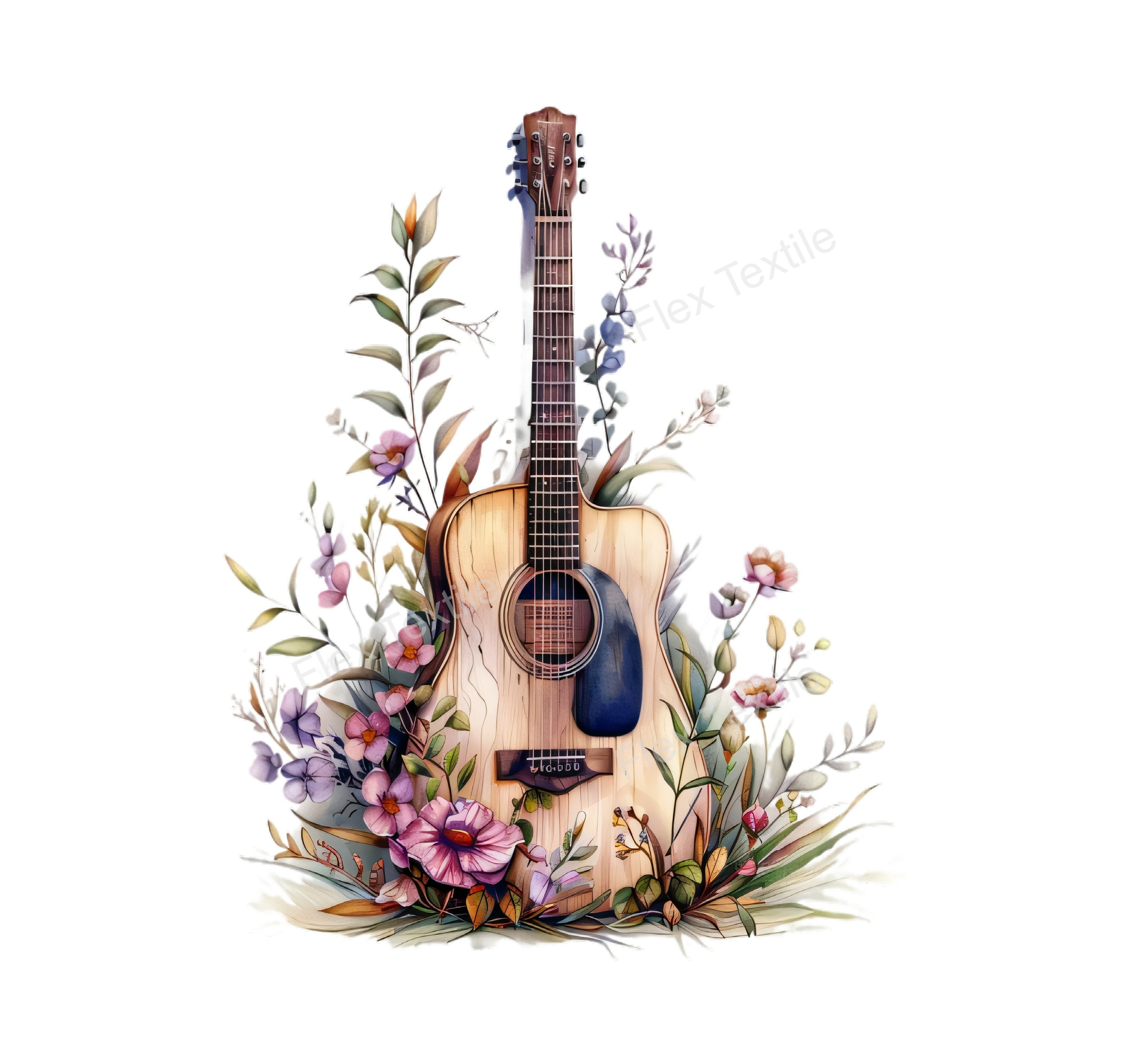 guitare fleurs transfert thermocollant impression dtf flex textile