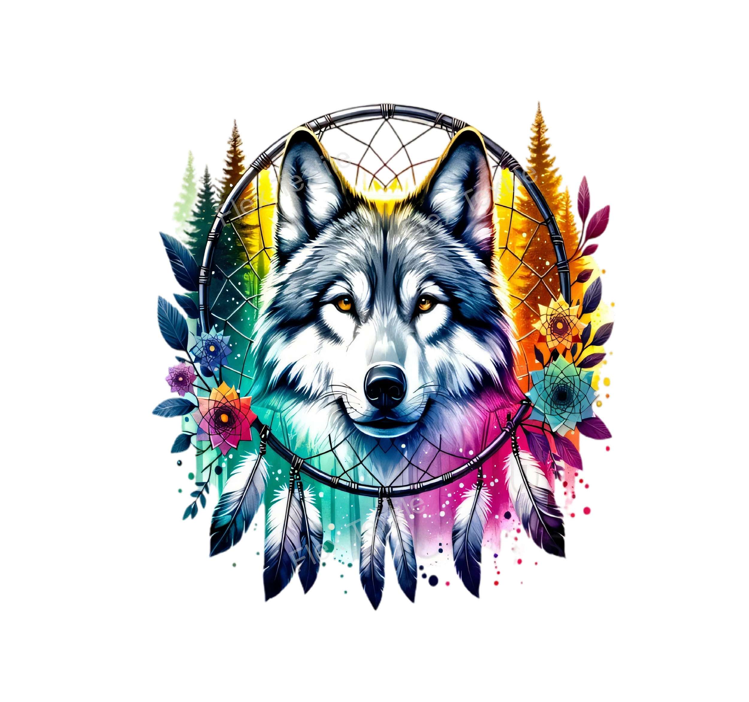 loup attrape rêve fleurs plumes transfert thermocollant impression dtf flex textile