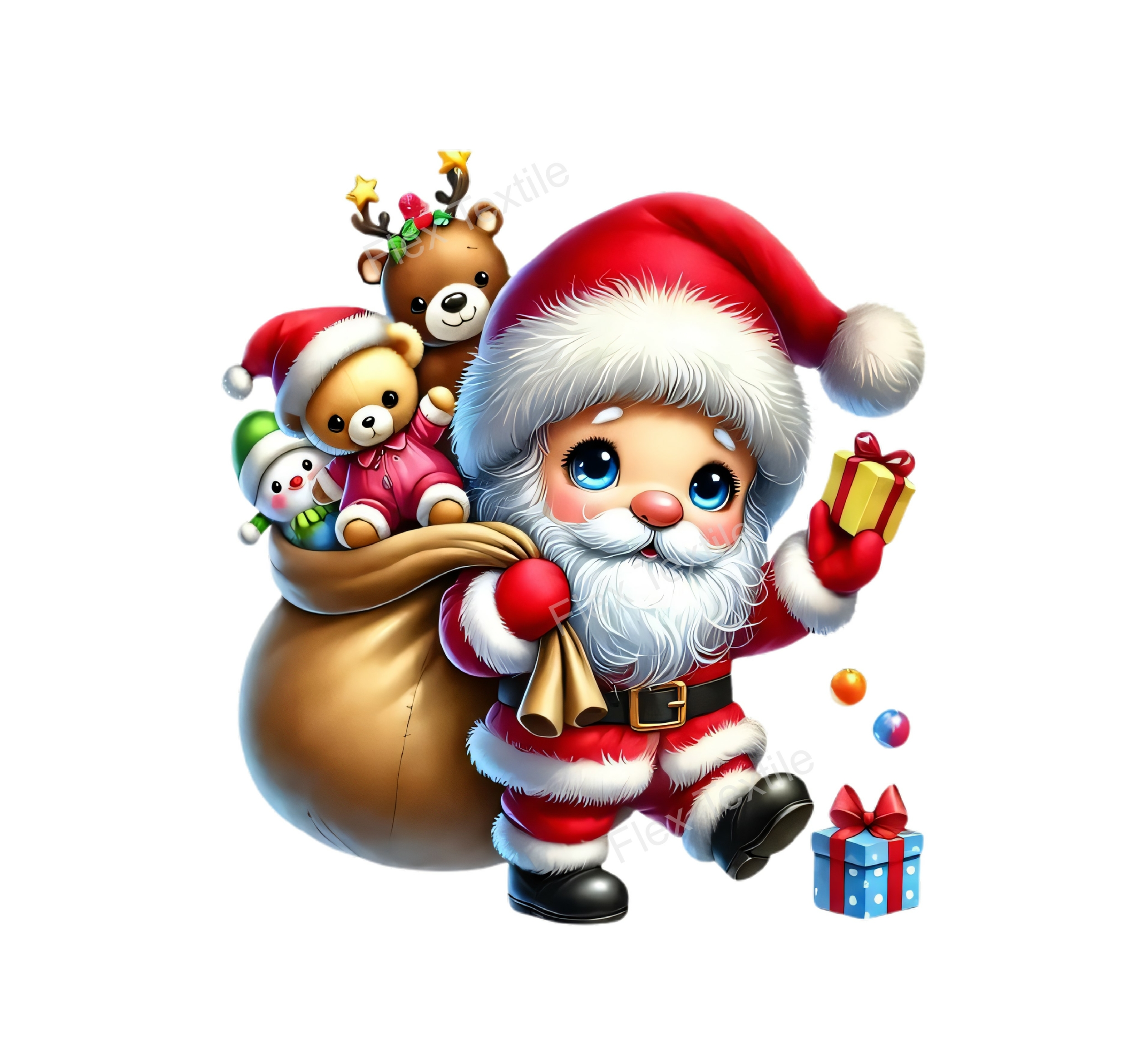 père noël cadeaux hotte nounours transfert thermocollant impression dtf flex textile