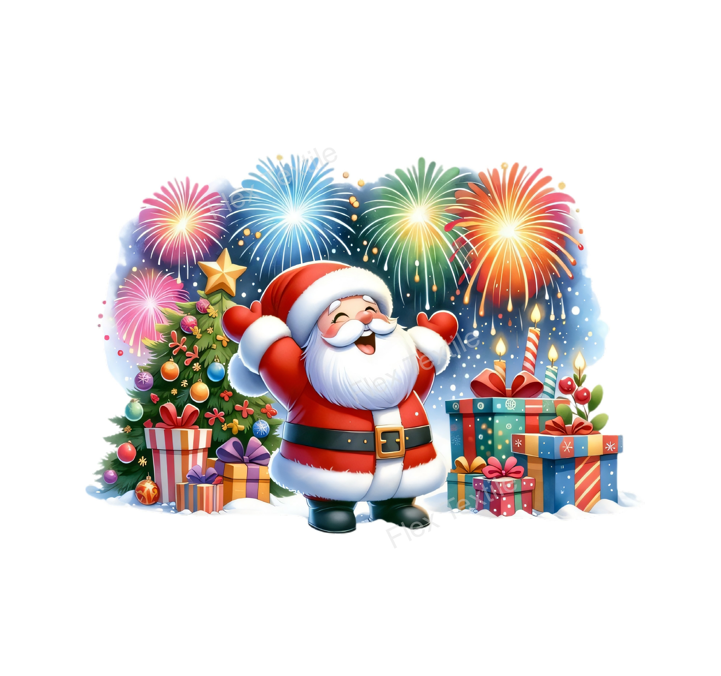père noël feu artifice cadeaux transfert thermocollant impresion dtf flex textile