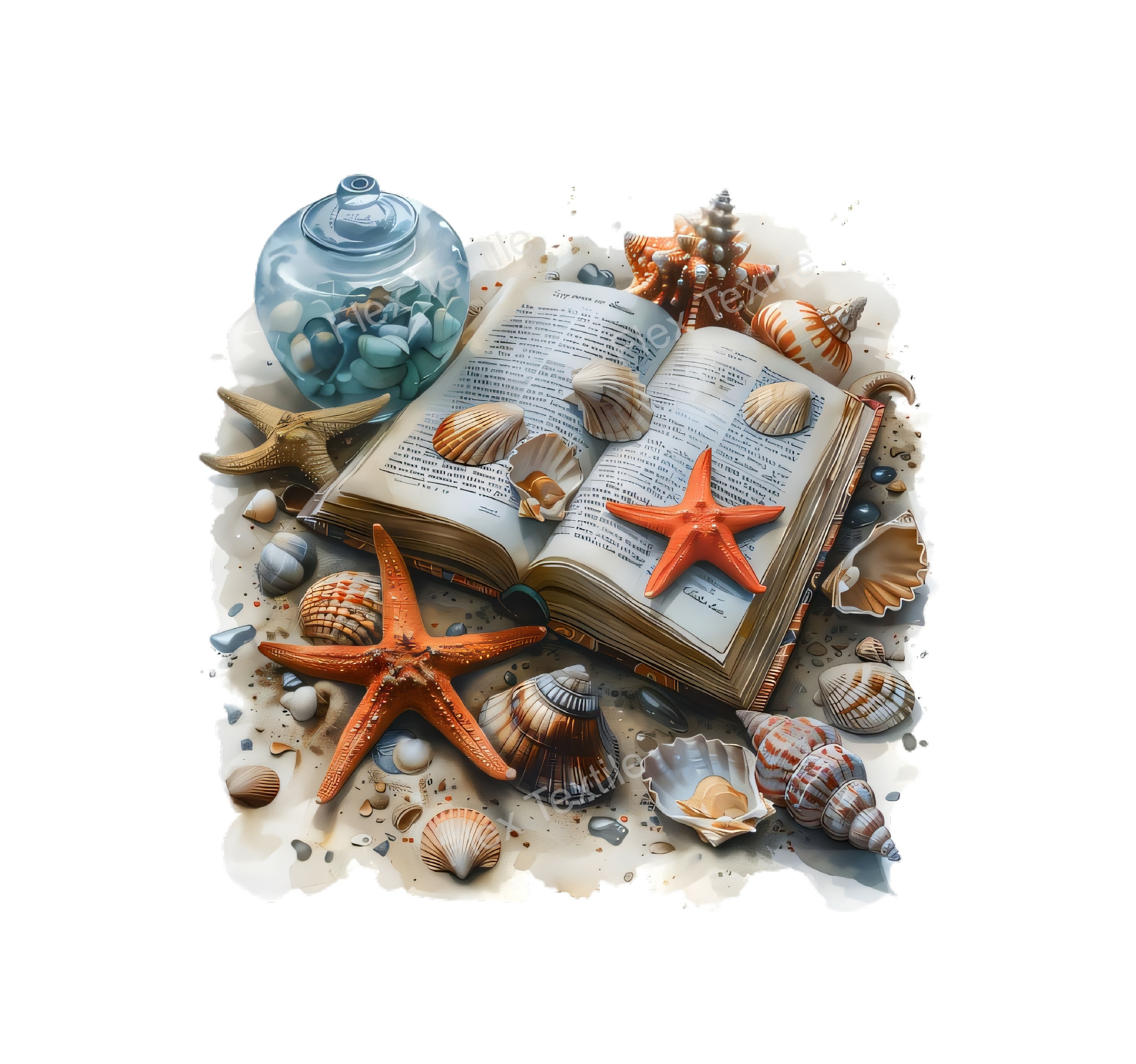 livre plage coquillages transfert thermocollant impression dtf flex textile