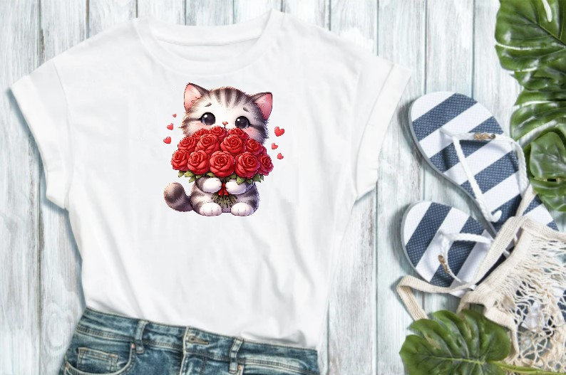 Chat Bouquet Fleurs Rouges1
