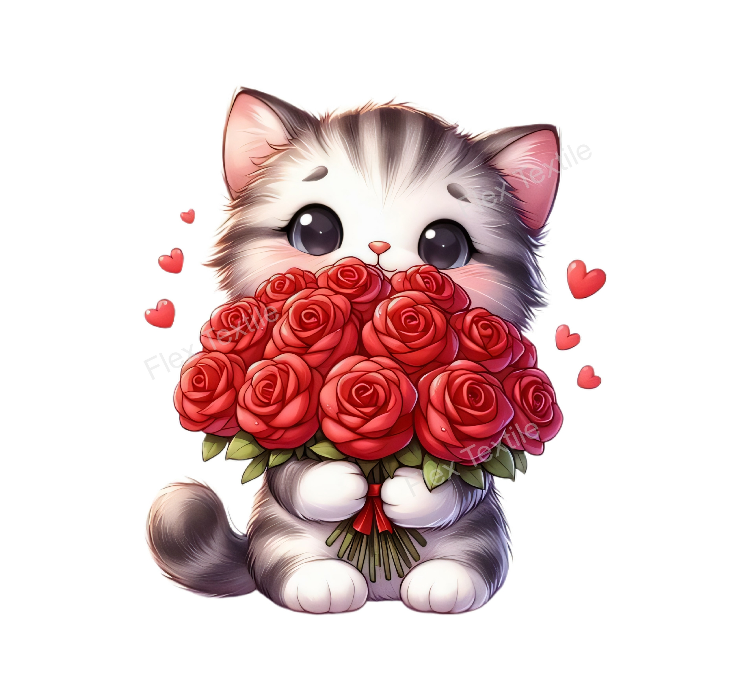 chat bouquet fleurs rouges transfert thermocollant impression dtf flex textile