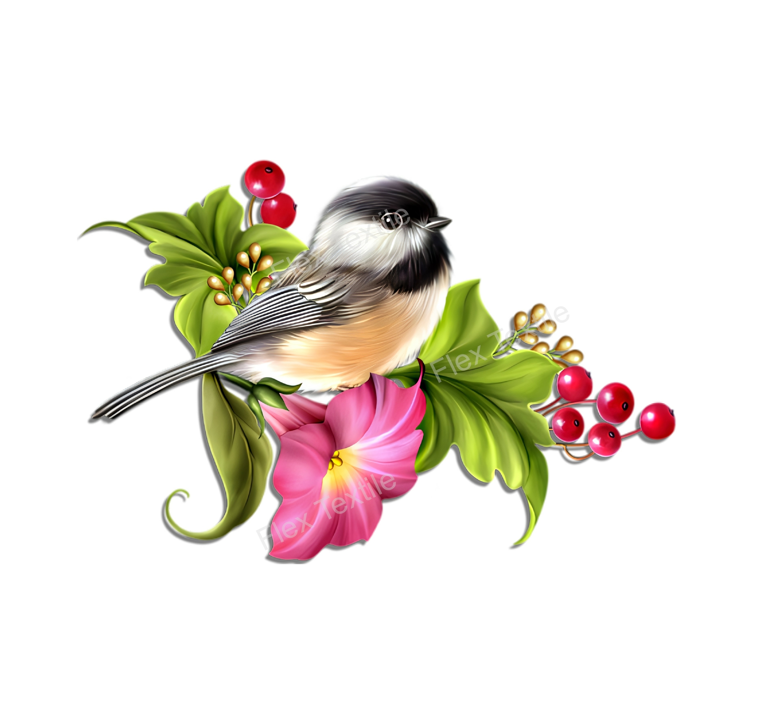 oiseau mésange fleurs transfert thermocollant impression dtf flex textile