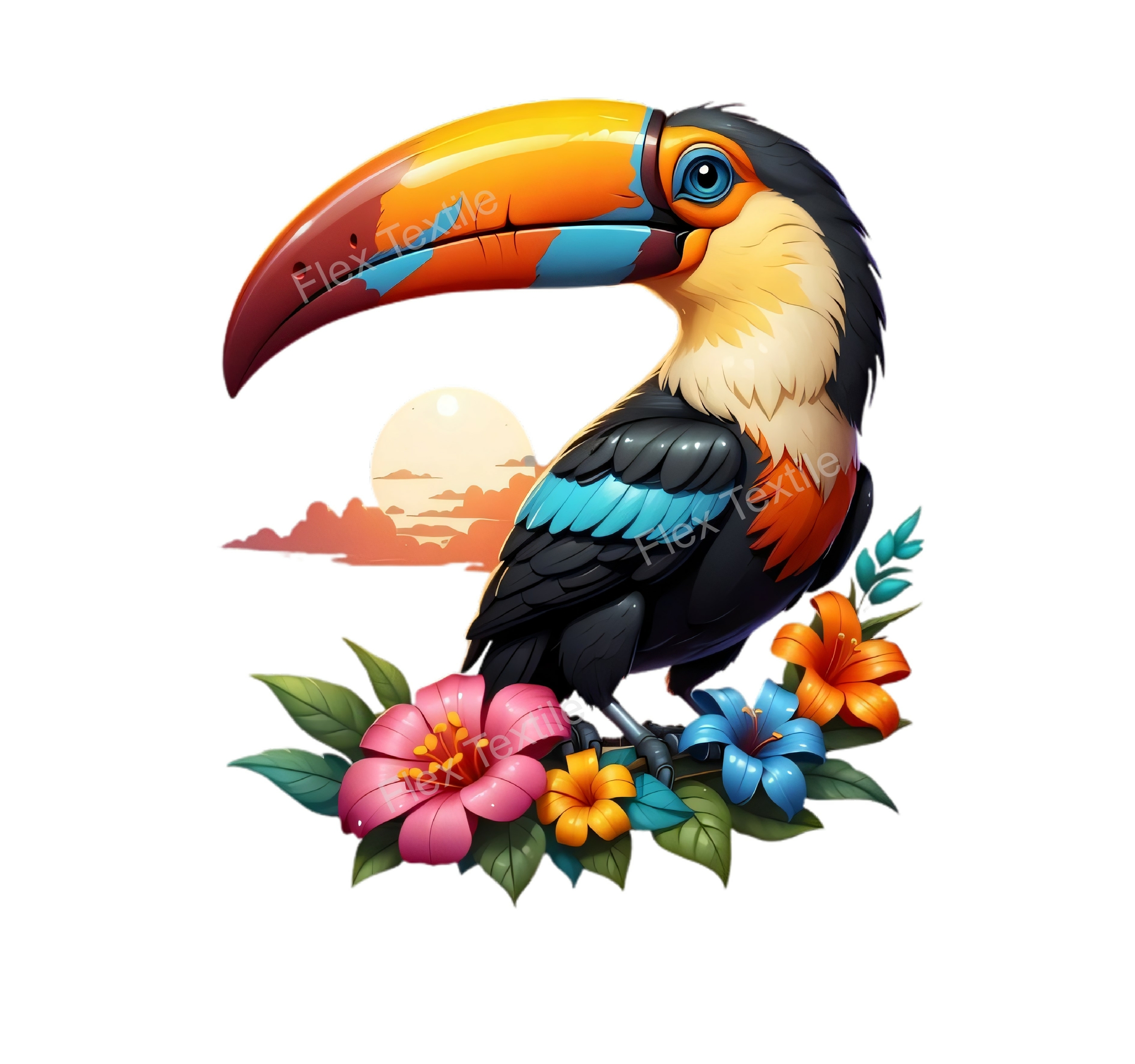 Oiseau toucan fleurs transfert thermocollant impression dtf flex textile