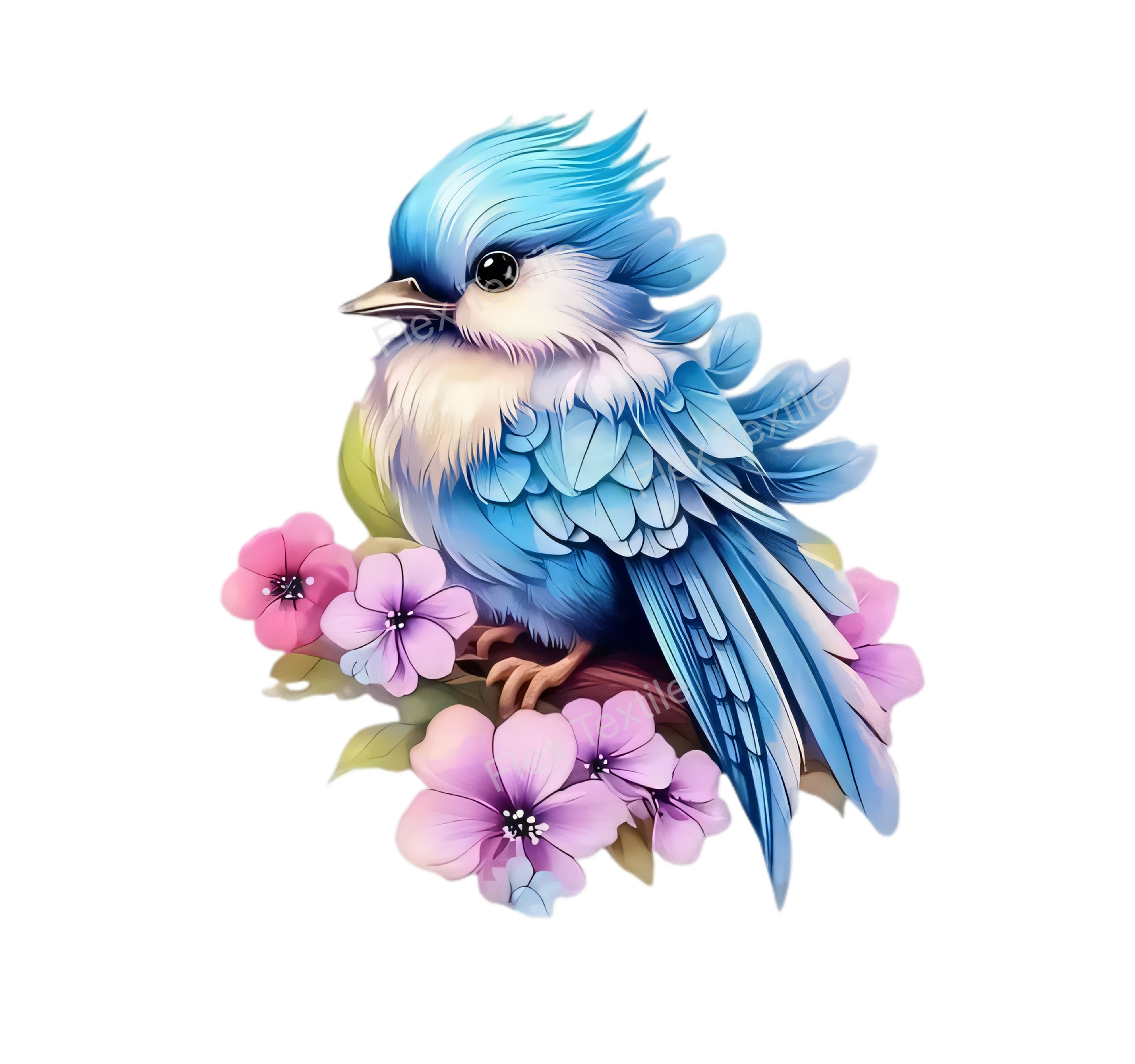 oiseau bleu fleurs transfert thermocollant impression dtf flex textile