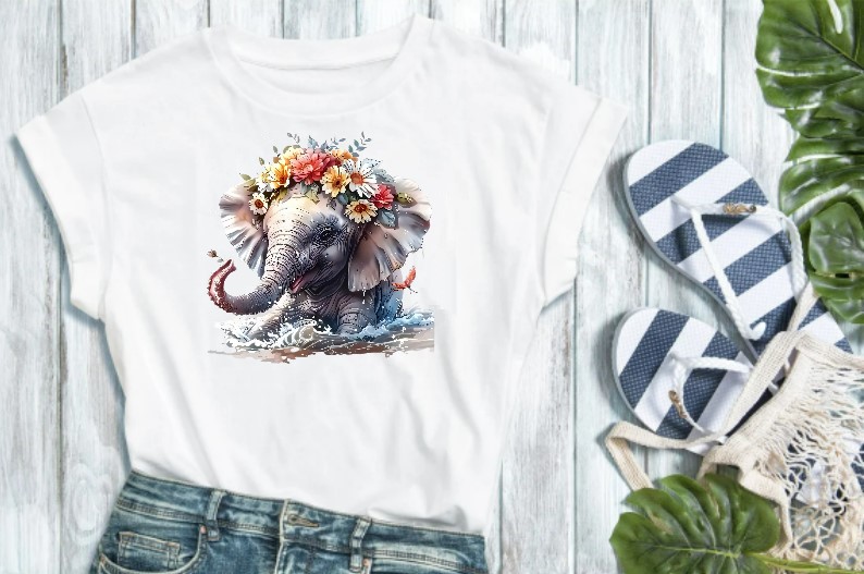 Eléphant Fleurs Eau1