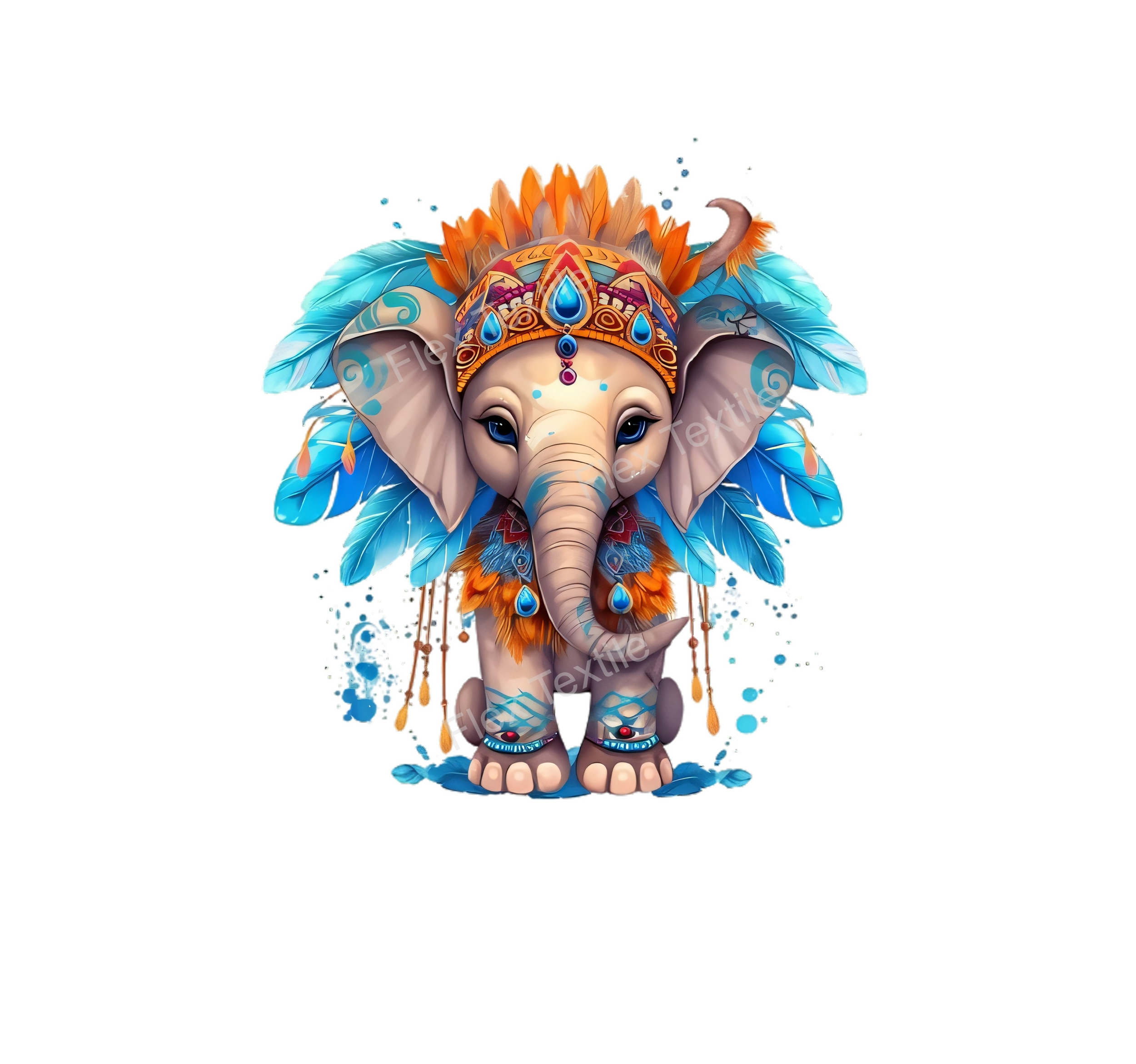 Elephant coiffe plumes transfert thermocollant impression DTF flex textile