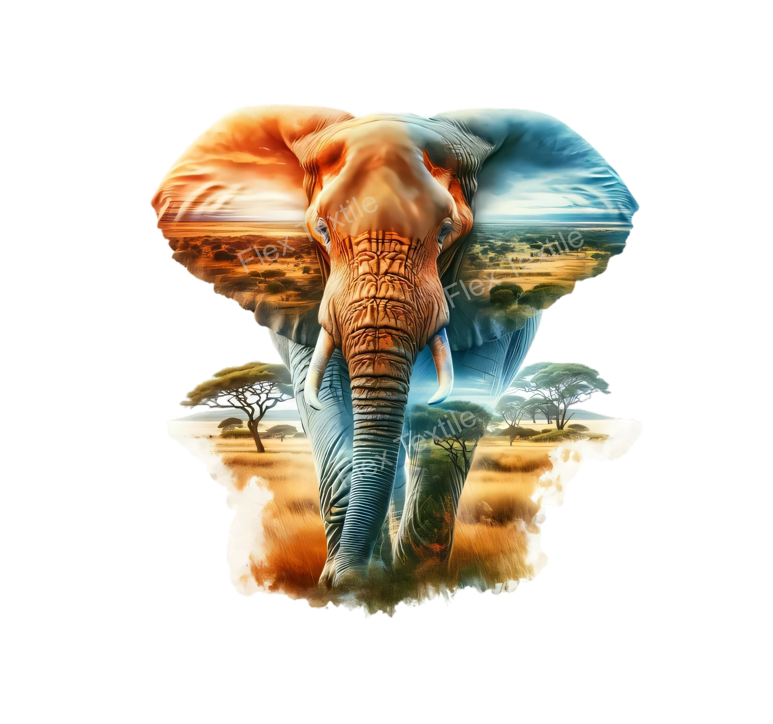 Elephant paysage savane transfert thermocollant impression DTF flex textile