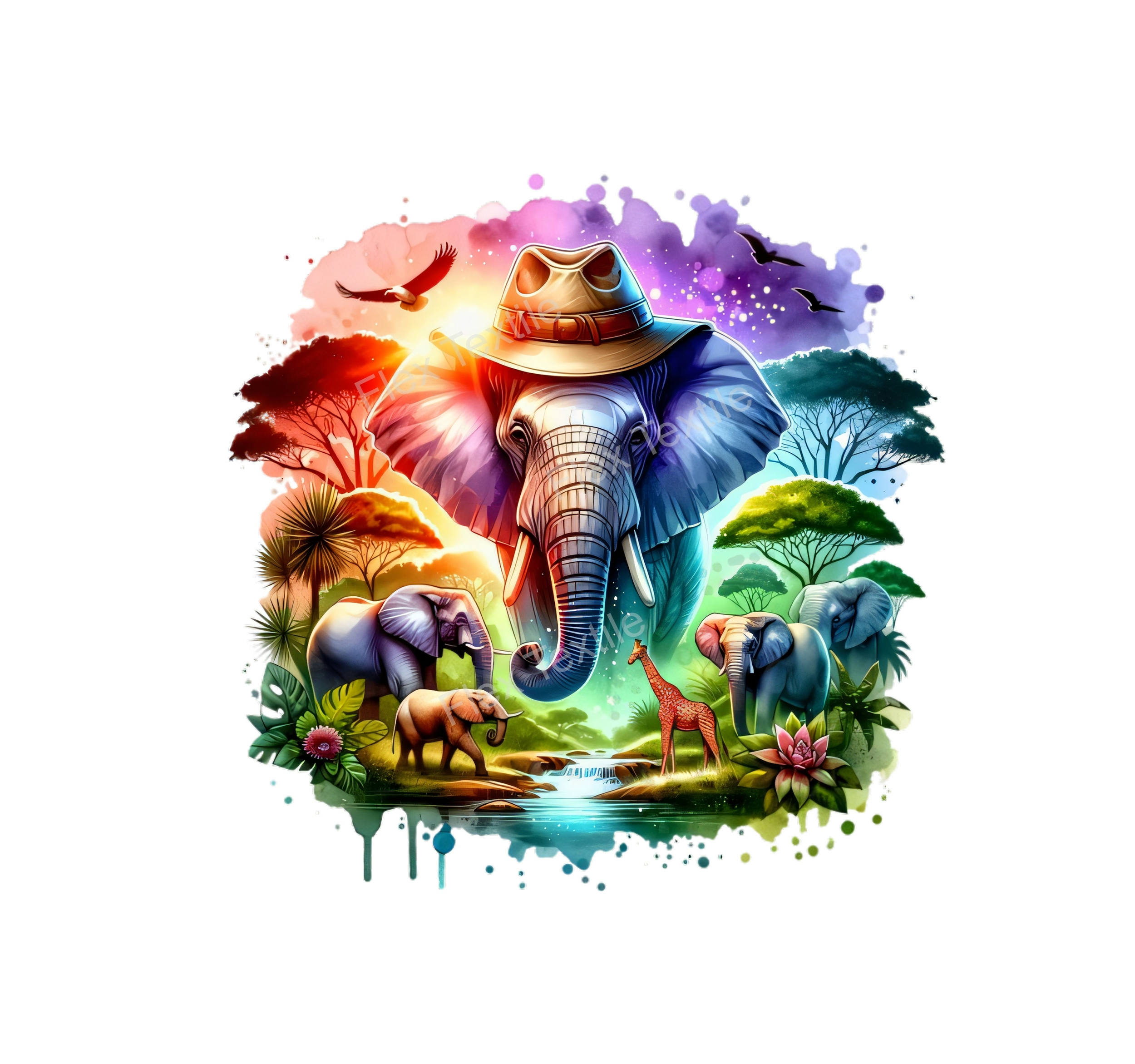 Elephant chapeau paysage transfert thermocollant impression DTF flex textile