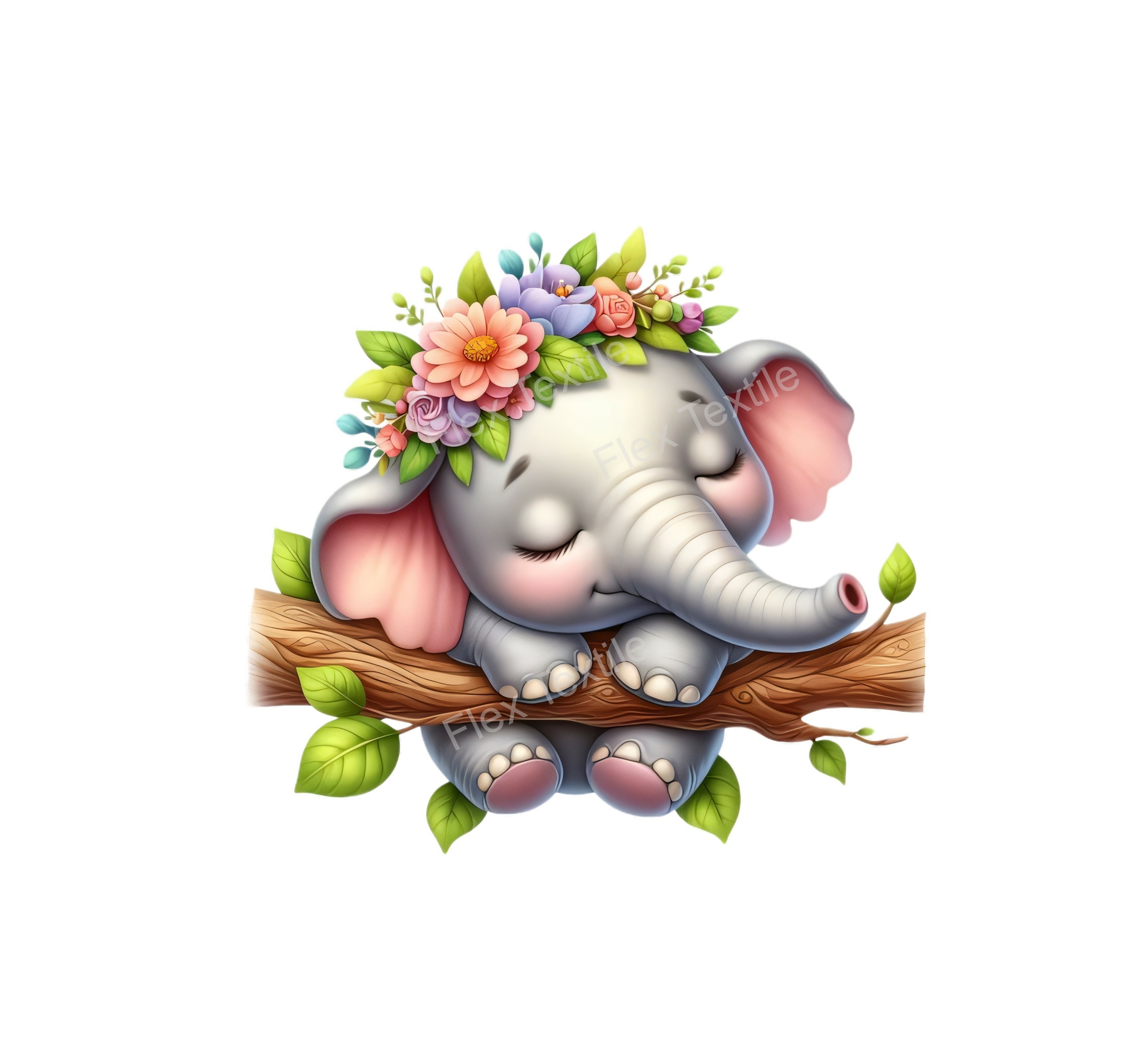 Bebe elephant dort branche transfert thermocollant impression DTF flex textile
