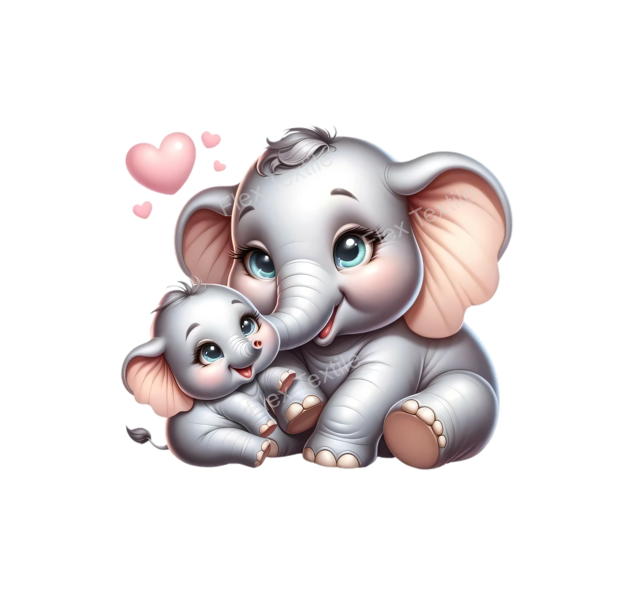 Elephant et bebe coeurs transfert thermocollant impression DTF flex textile