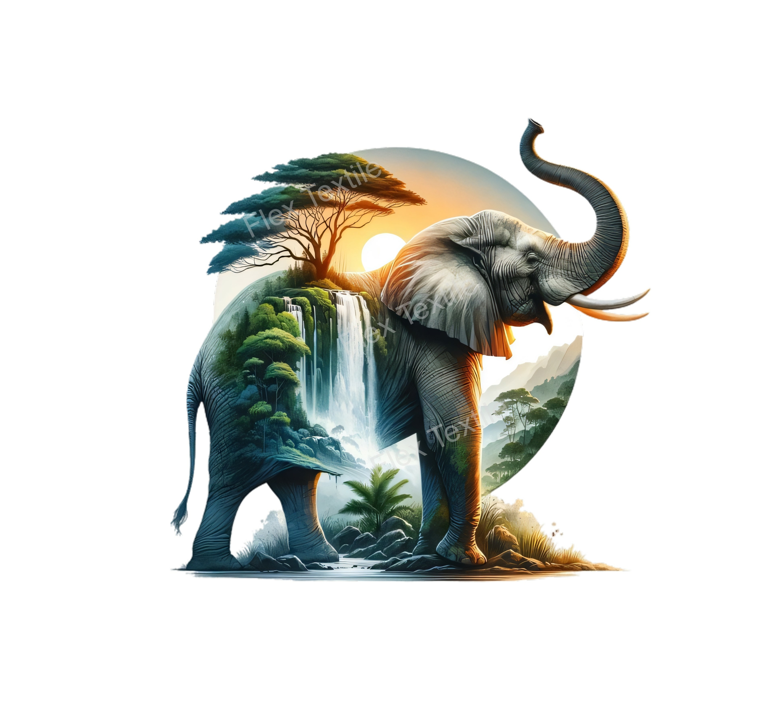 Elephant paysage cascade transfert thermocollant impression DTF flex textile