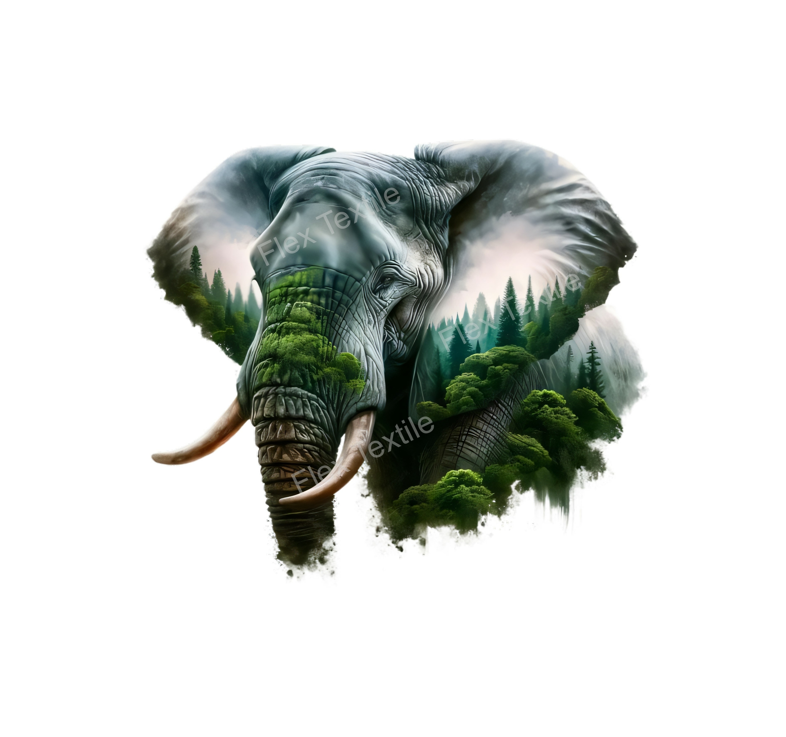 Tete elephant paysage arbre transfert thermocollant impression DTF flex textile
