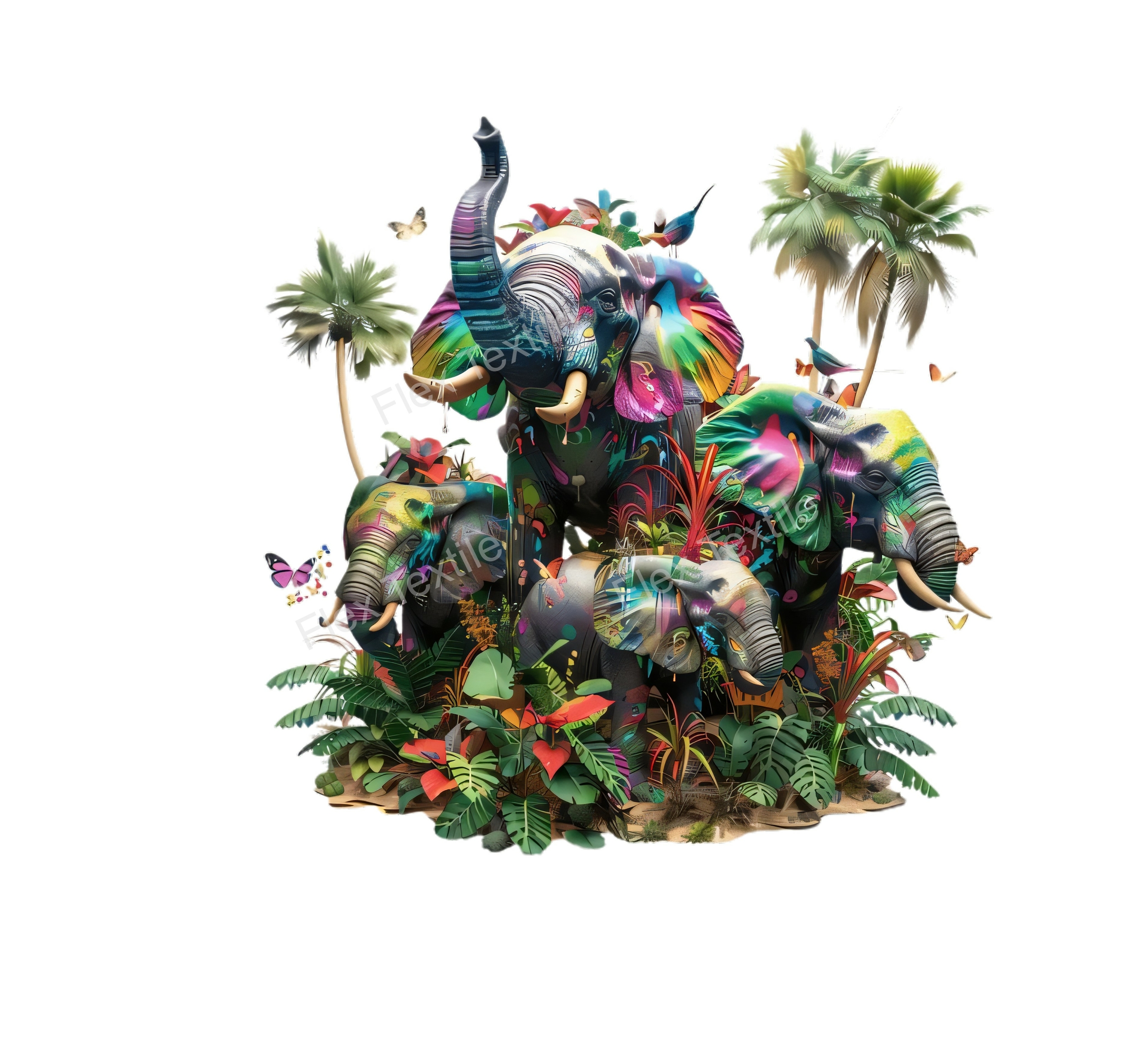 Quatre elephants feuilles arbres transfert thermocollant impression DTF flex textile