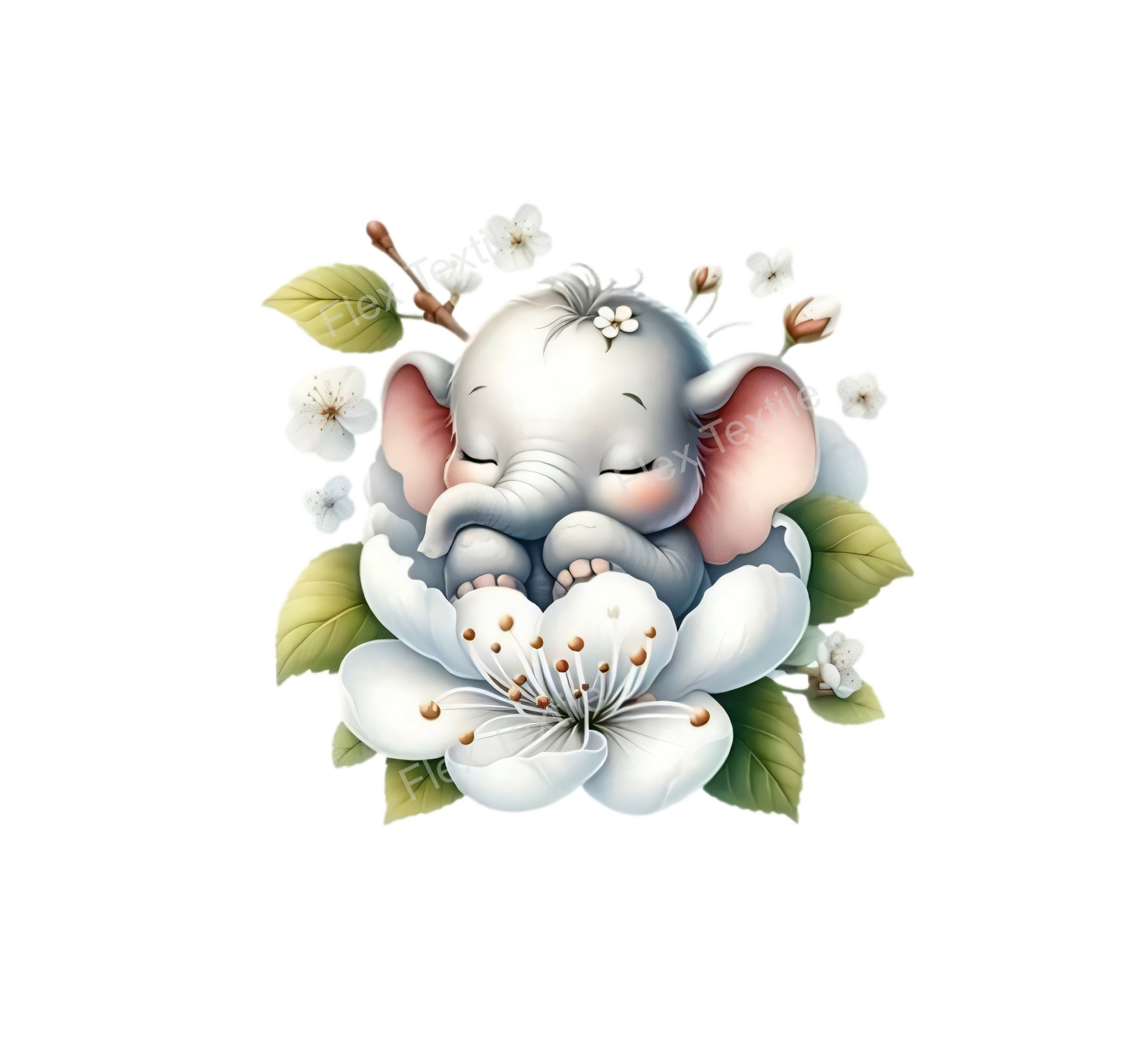 Bebe elephant dort fleur transfert thermocollant impression DTF flex textile