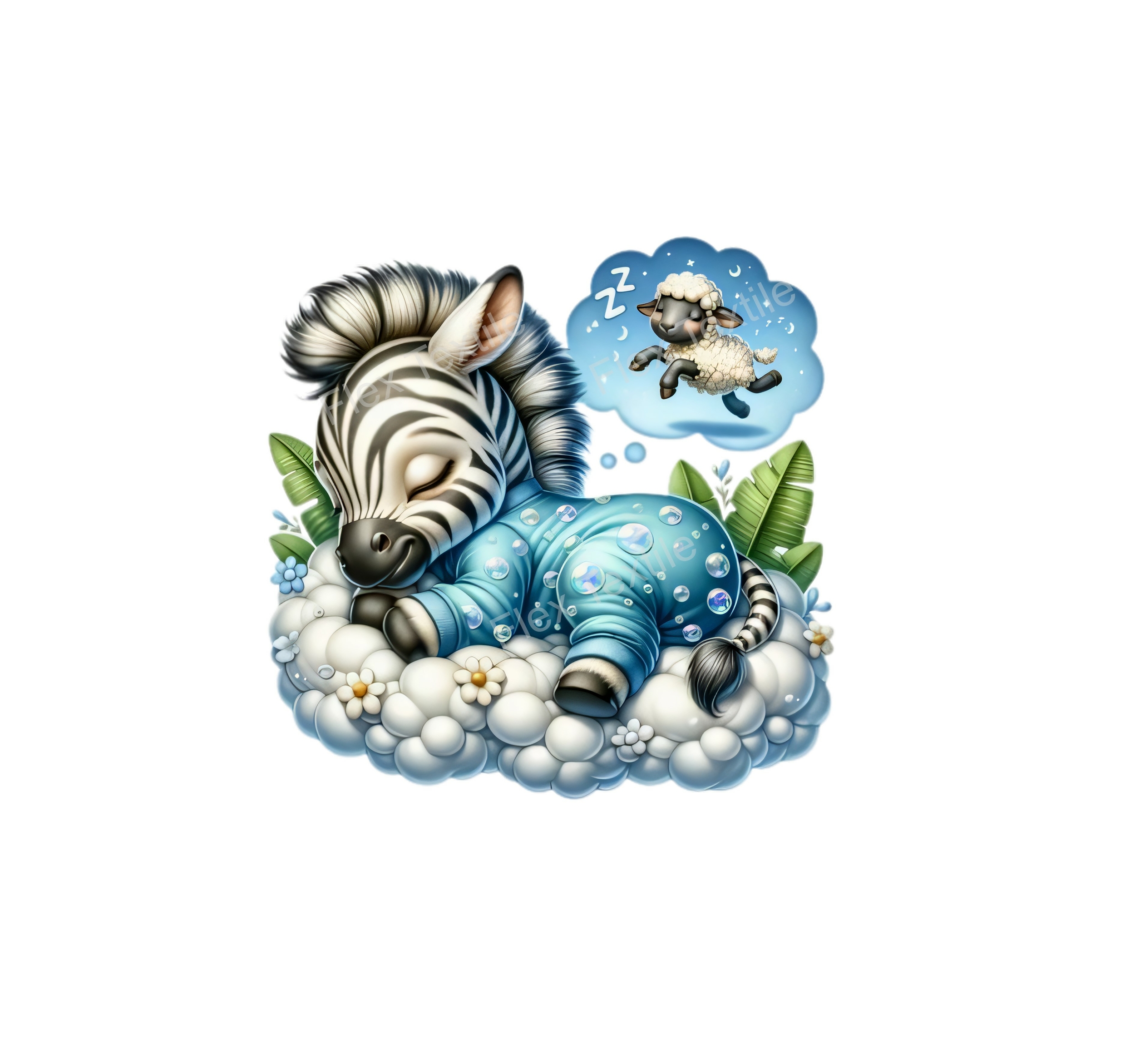 zebre dort nuage mouton transfert thermocollant impression DTF flex textile