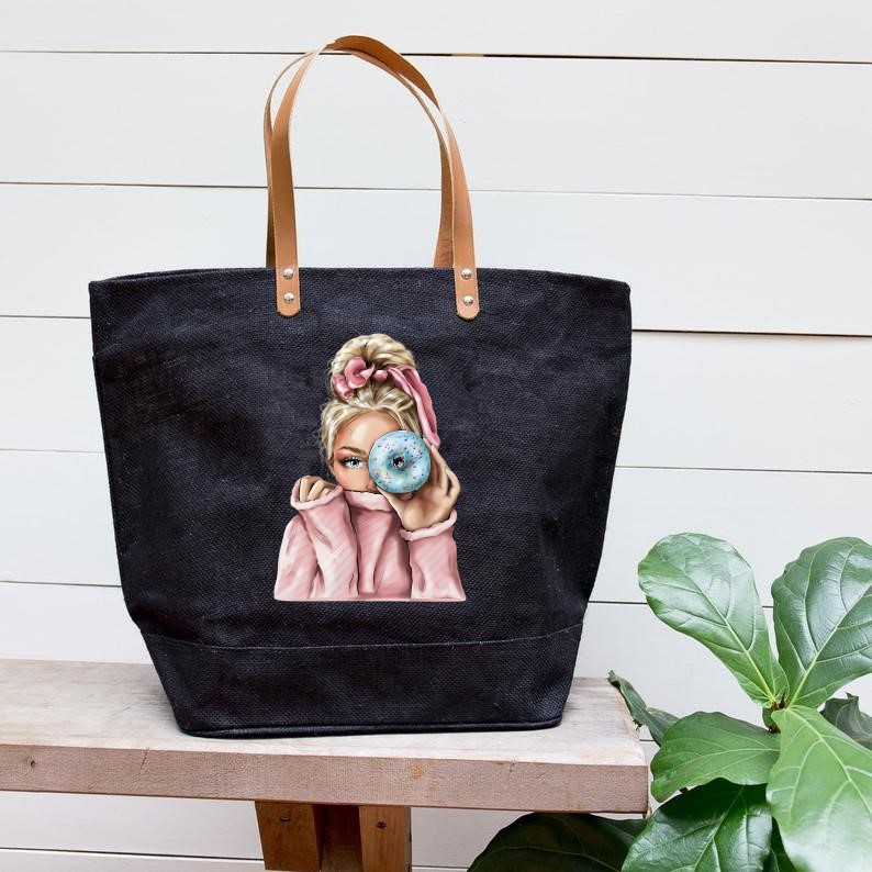 femme blonde donut transfert thermocollant impression dtf flex textile sac shopping sport mains femme homme enfant vêtement