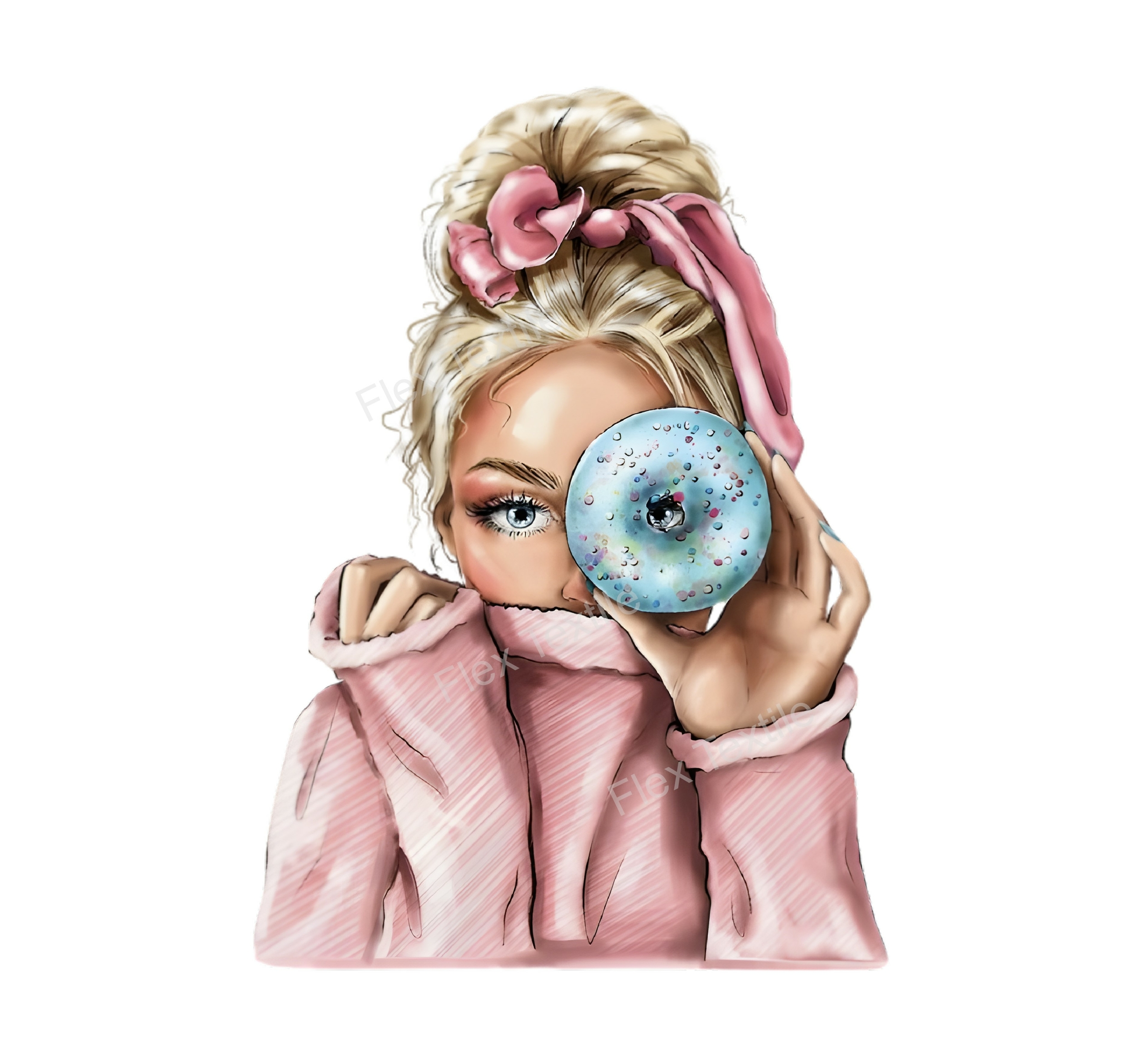 femme blonde donut transfert thermocollant impression dtf flex textile