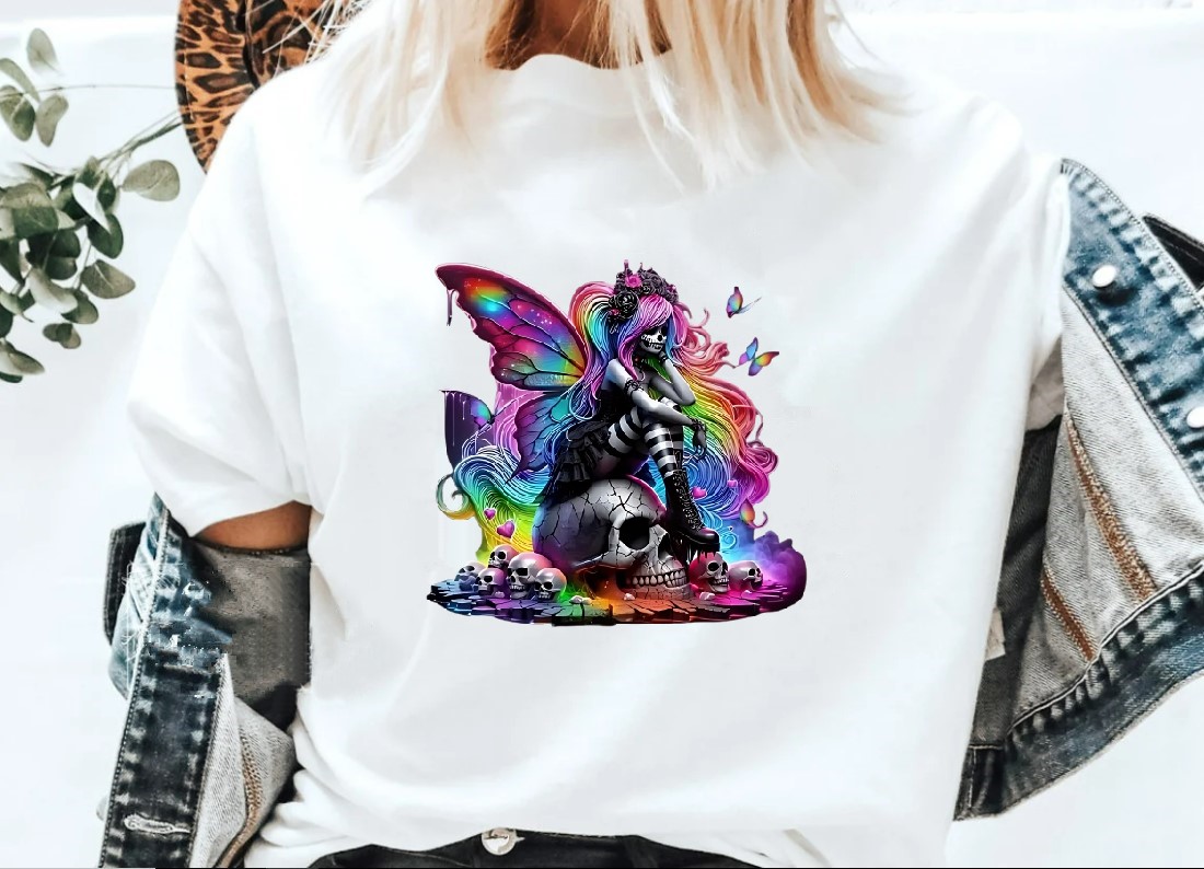 Fée Crânes Rainbow transfert thermocollant impression dtf flex textile t-shirt femme homme enfant