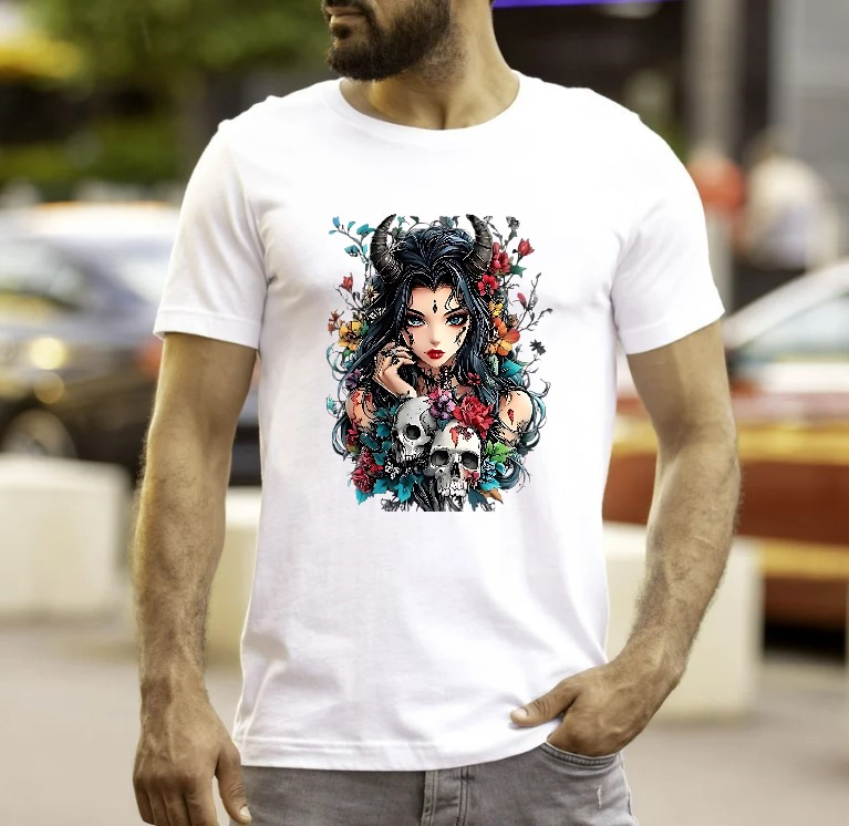 femme cornes crânes fleurs gothique transfert thermocollant impression dtf flex textile t-shirt homme enfants débardeur sweat pull