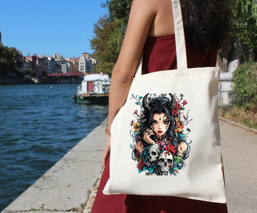 femme cornes crânes fleurs gothique transfert thermocollant impression dtf flex textile sac shopping sport mains