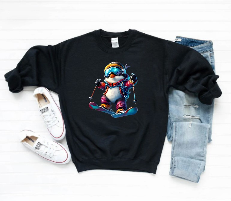 Pingouin ski transfert thermocollant impression dtf flex textile pull homme femme enfant t-shirt sweat