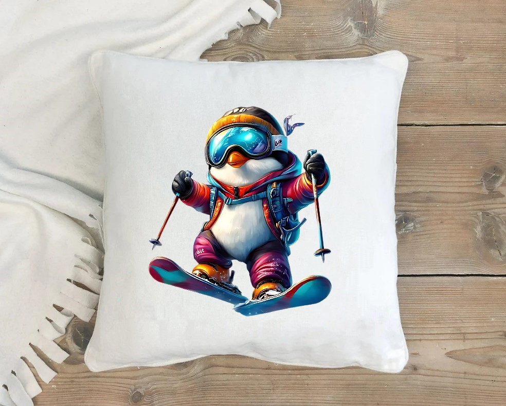 Pingouin ski transfert thermocollant impression dtf flex textile coussin oreiller polochon déco
