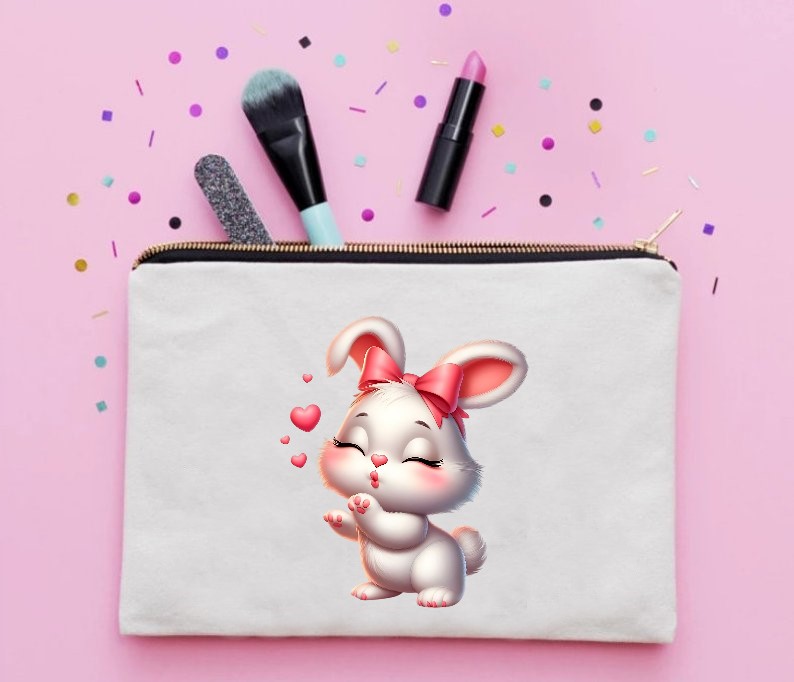 lapin bisous coeurs tranfert thermocollant impression dtf flex textile trousse maquillage école girly femme