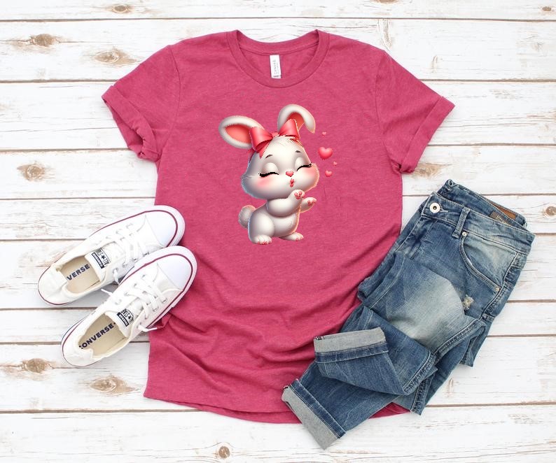 lapin bisous coeurs tranfert thermocollant impression dtf flex textile t-shirt femme homme enfant débardeur top