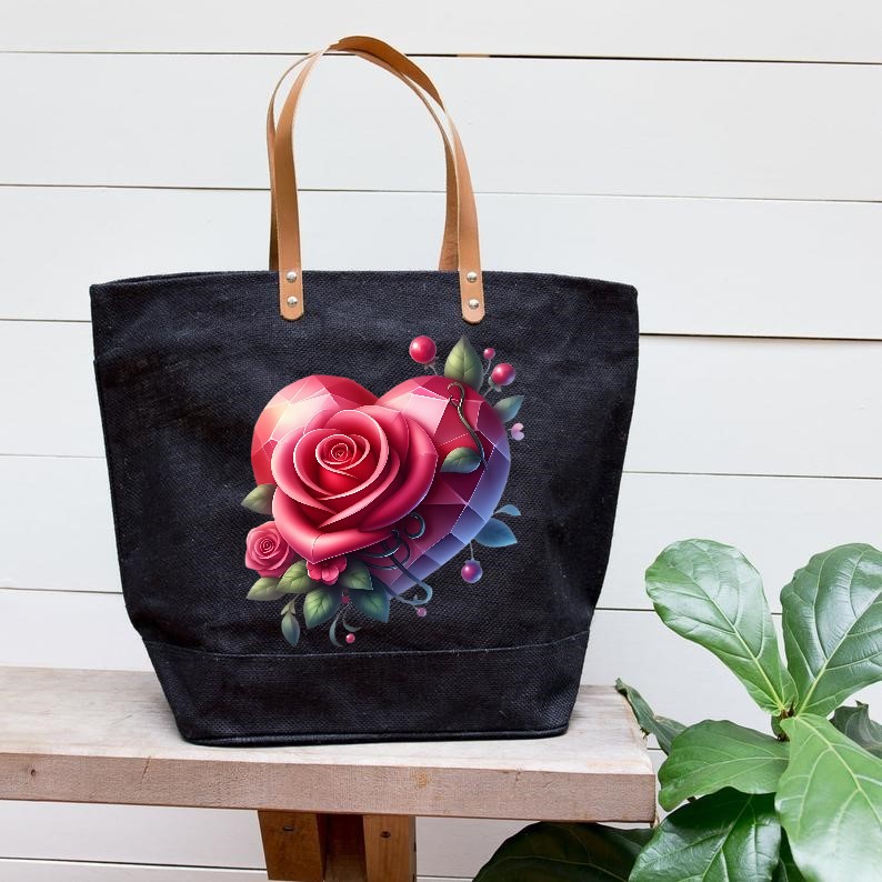 Coeur Fleurs Roses Transfert Thermocollant impression dtf flex textile sac courses shopping sport plage