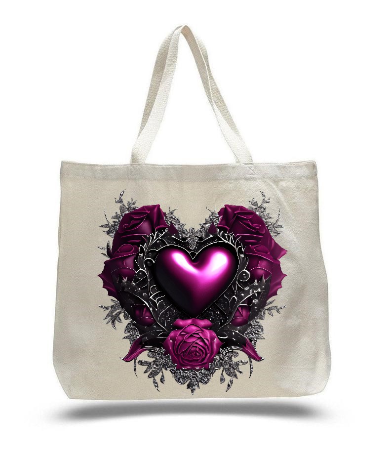 Coeur Gothique Violet Fleurs transfert thermocollant impression dtf flex textile sac shopping courses sport école voyage bagage jute