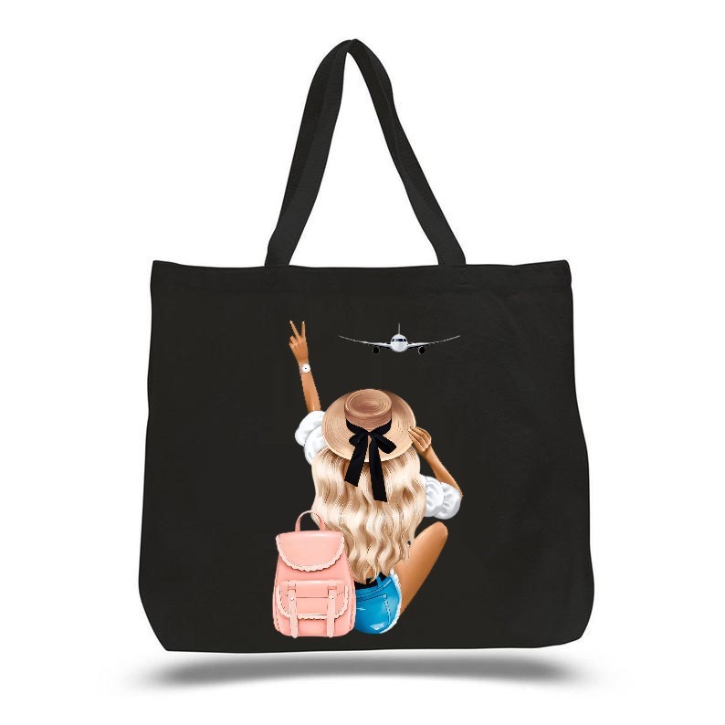 Femme Avion Voyage transfert thermocollant impression dtf flex textile sac shopping vacances sport courses jute