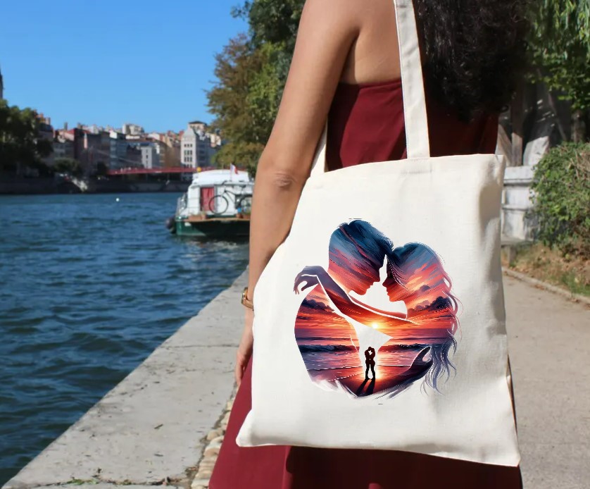 Couple Coucher Soleil transfert thermocollant impression dtf flex textile sac plage shopping vacances sport