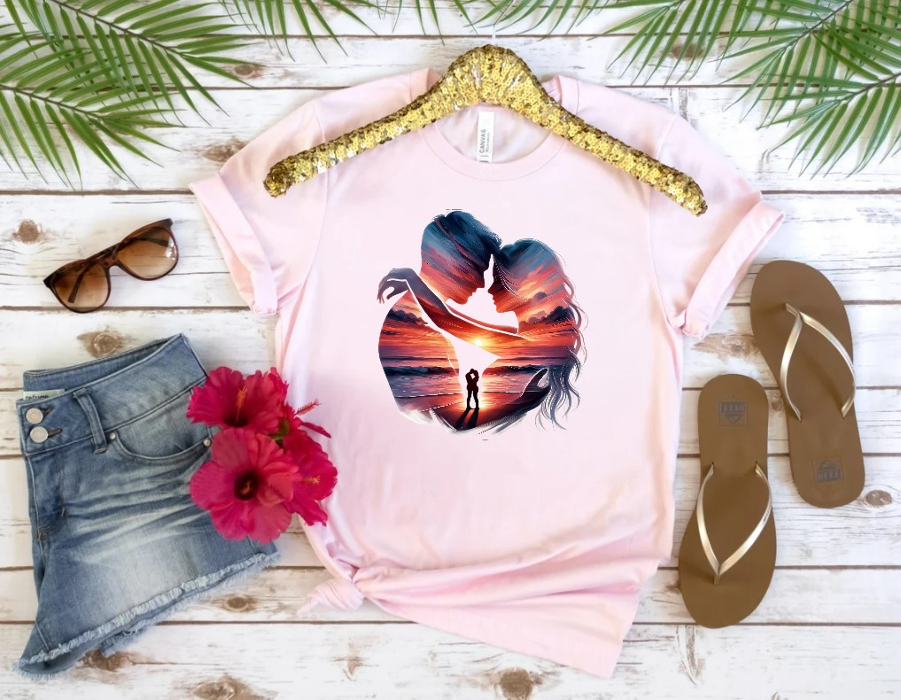 Couple Coucher Soleil transfert thermocollant impression dtf flex textile tshirt femme homme enfant débardeur top