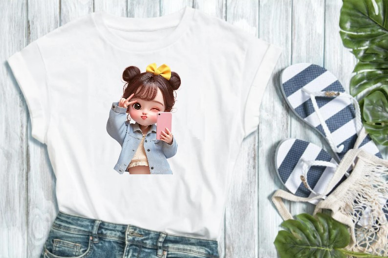 jeune fille téléphone selfie transfert thermocollant impression dtf flex textile t-shirt femme enfant homme débardeur top haut