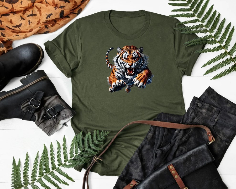 Tigre Saute Transfert thermocollant impression DTF flex textile t-shirt homme femme enfant débardeur top sweat