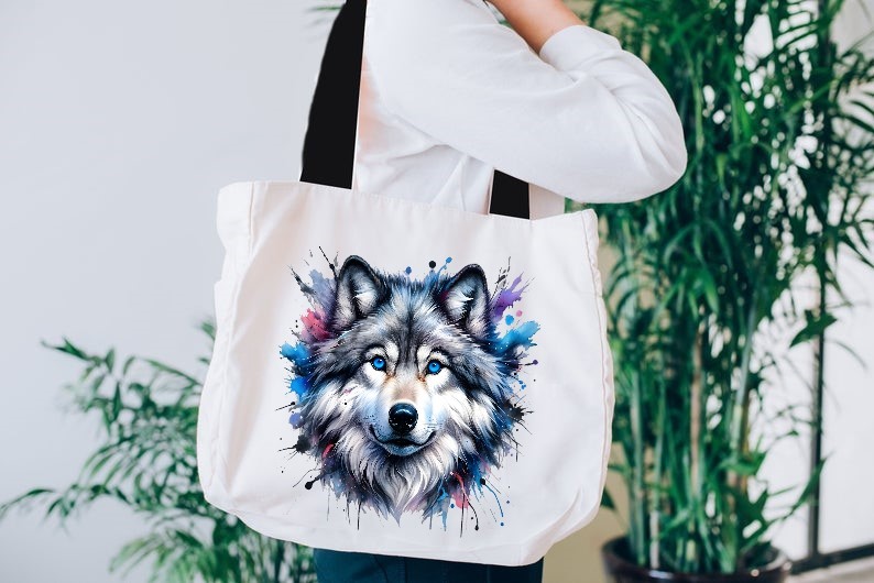 Loup Yeux Bleus Transfert Thermocollant Impression DTF Flex Textile sac shopping main sport courses plage