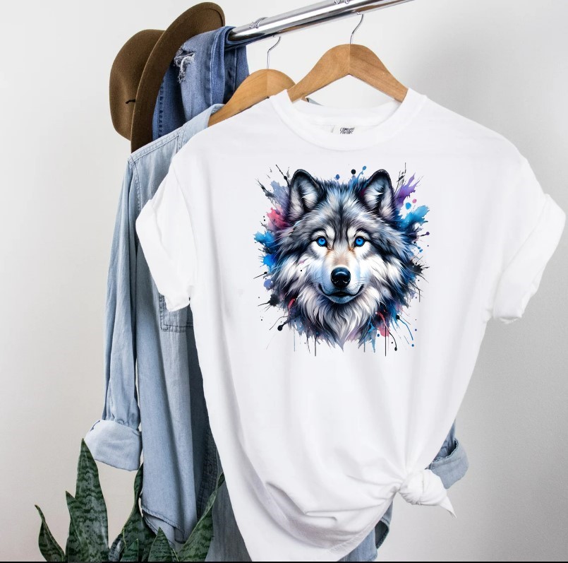 Loup Yeux Bleus Transfert Thermocollant Impression DTF Flex Textile t-shirt femme homme enfant débardeur sweat top