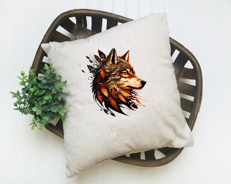 loup plumes oranges transfert thermocollant impression dtf flex textile coussin oreiller objet accessoire déco
