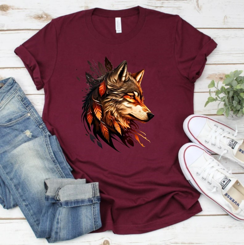 loup plumes oranges transfert thermocollant impression dtf flex textile t-shirt femme homme enfant débardeur sweat top