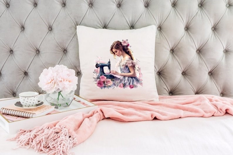 Femme Couturière transfert thermocollant impression dtf flex textile coussin oreiller objet accessoire déco