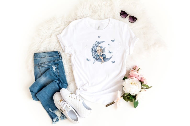 Fée lune papillons fleurs transfert themrocollant impression dtf lfex textile t-shirt femme homme enfant débardeur top sweat