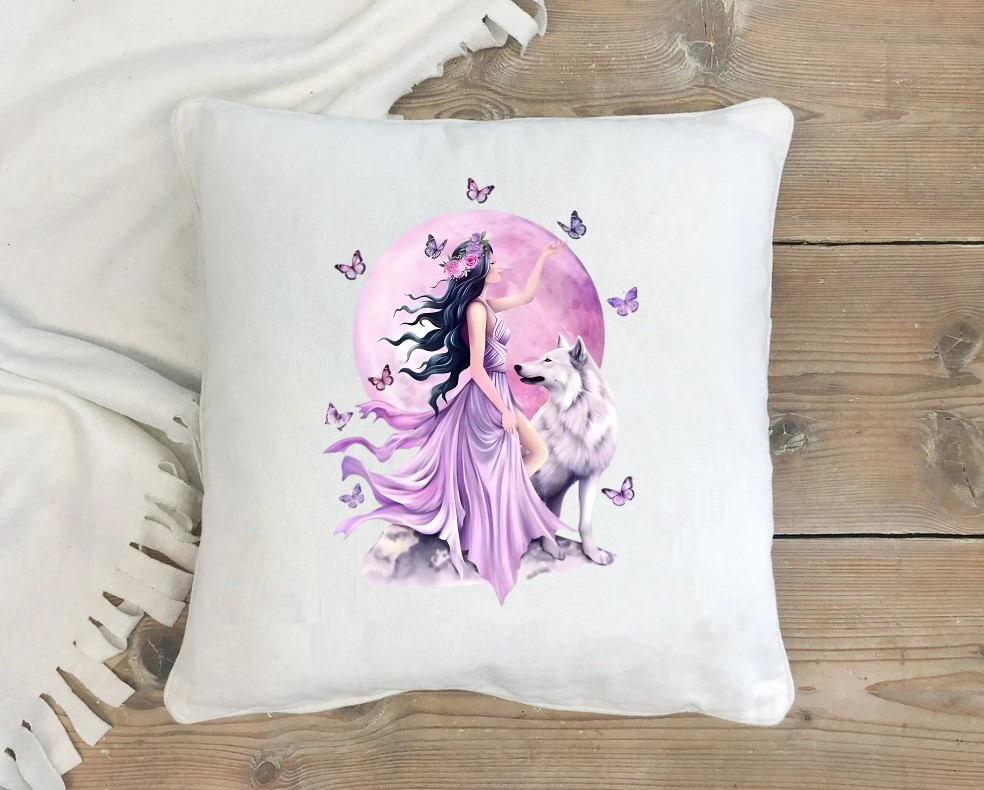Femme Loup Papillons transfert thermocollant impression dtf flex textile coussin oreiller objet accessoire déco