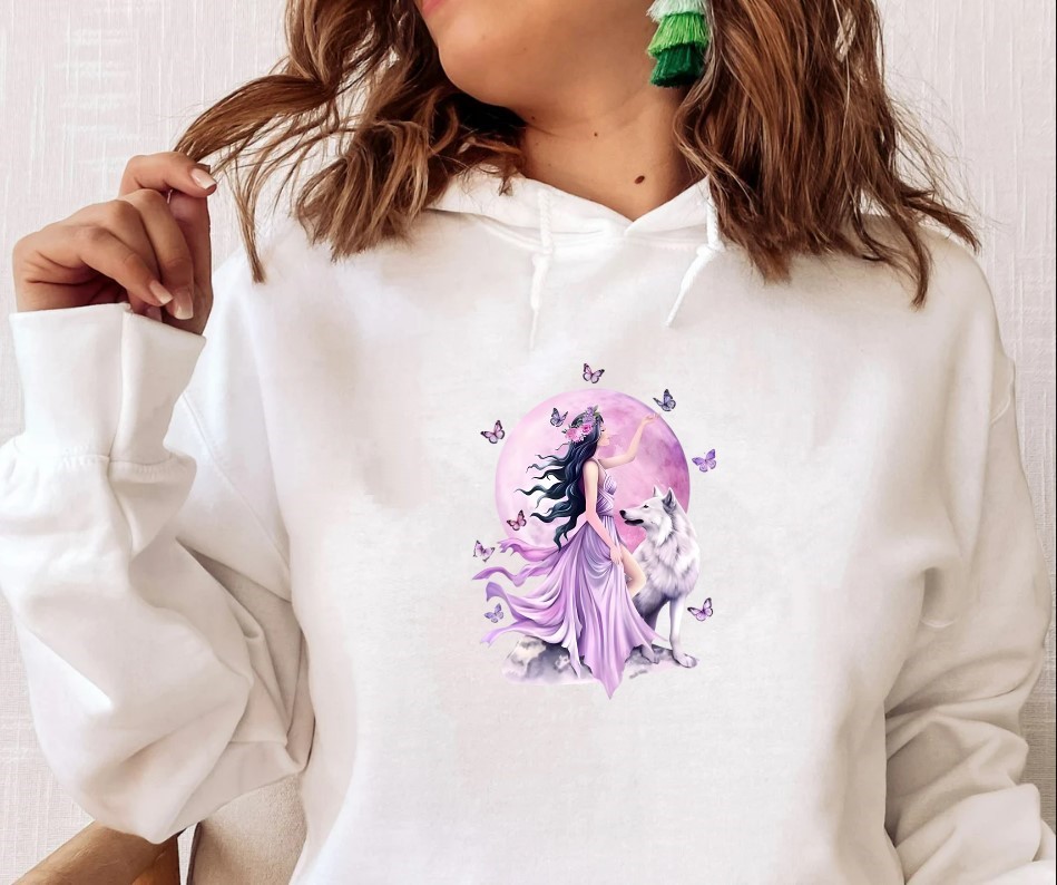 Femme Loup Papillons transfert thermocollant impression dtf flex textile sweat femme homme enfant pull t-shirt vêtement