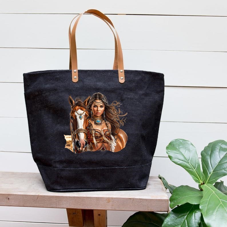 Femme Amérindienne Cheval transfert thermocollant impression dtf flex textile sac shopping course sport plage main